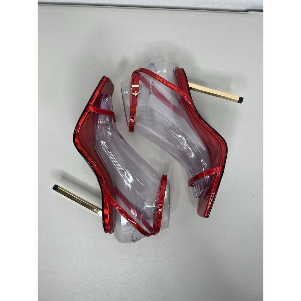 Schutz Red Sam Square Toe Ankle Strap Sandal Gold Toned Heel Square Toe Size 7 - Picture 5 of 9